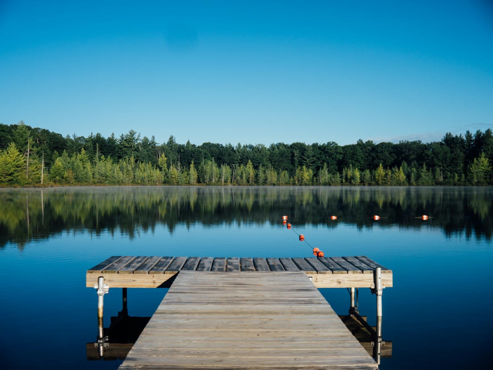 A wooden jetty reaching into a mirror-still lake edged with forest